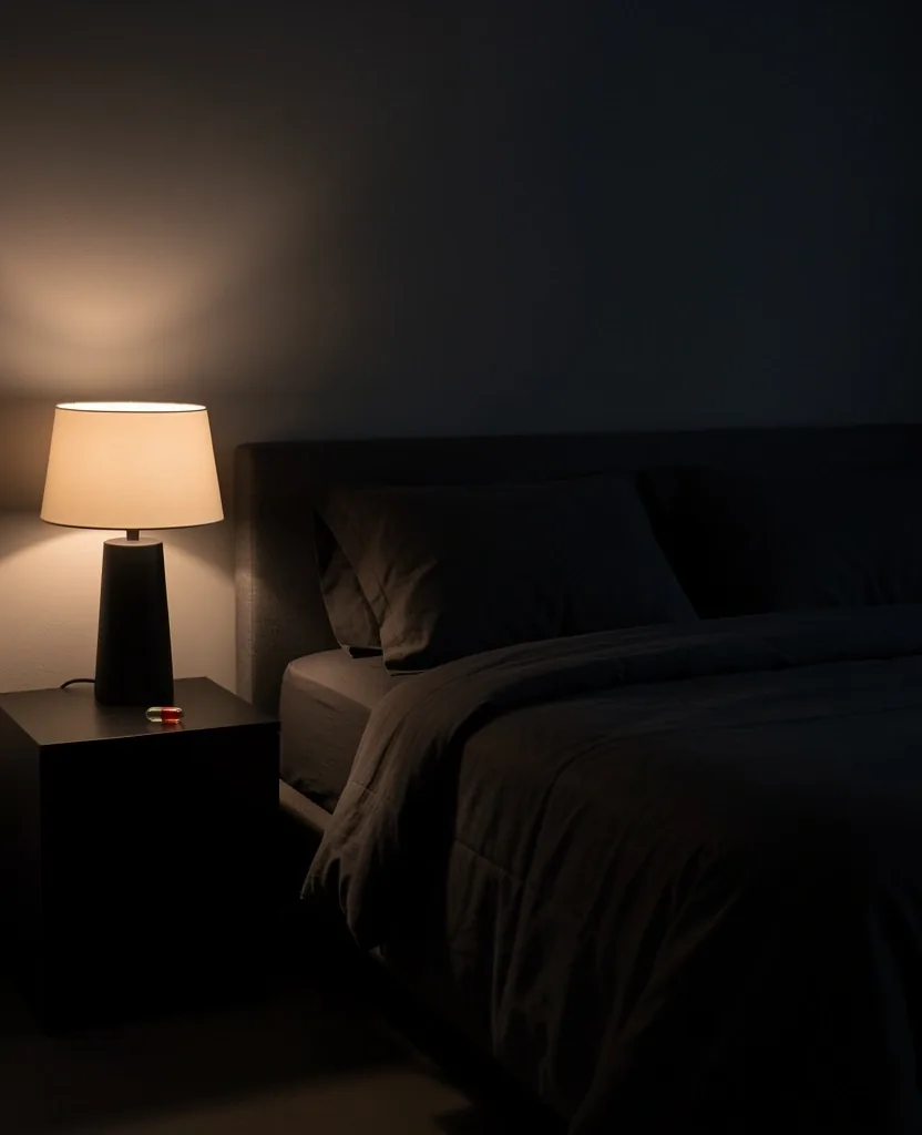 Dark bedroom with warm ambient light