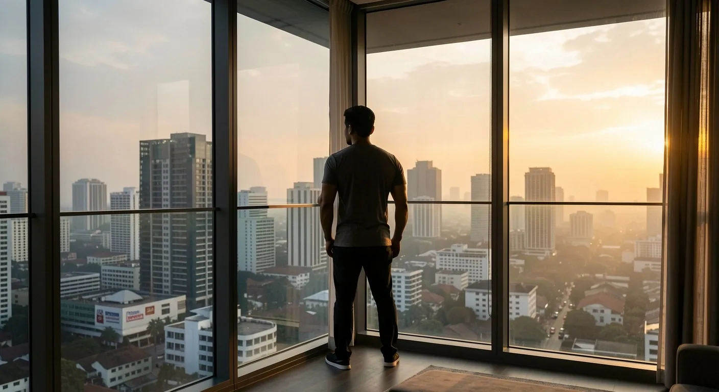 Man looking out at Jakarta skyline at dawn